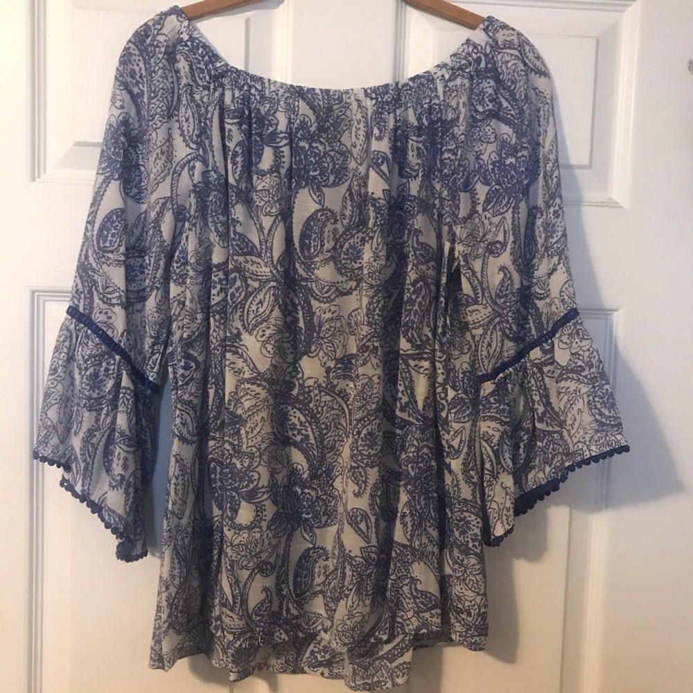 Collection By Bobeau Gauze Peasant Top 3/4 Sleeve Blue Paisley Womens Medium - Picture 2 of 2